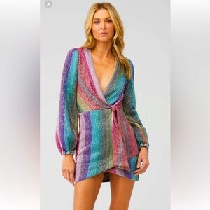 SAYLOR Rainbow Metallic Stripe Wrap Mini Dress